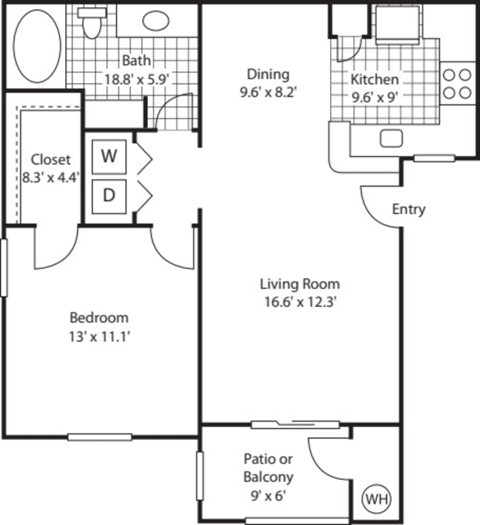 Floor plan for 1 bed, 1 bath, 743 sqft